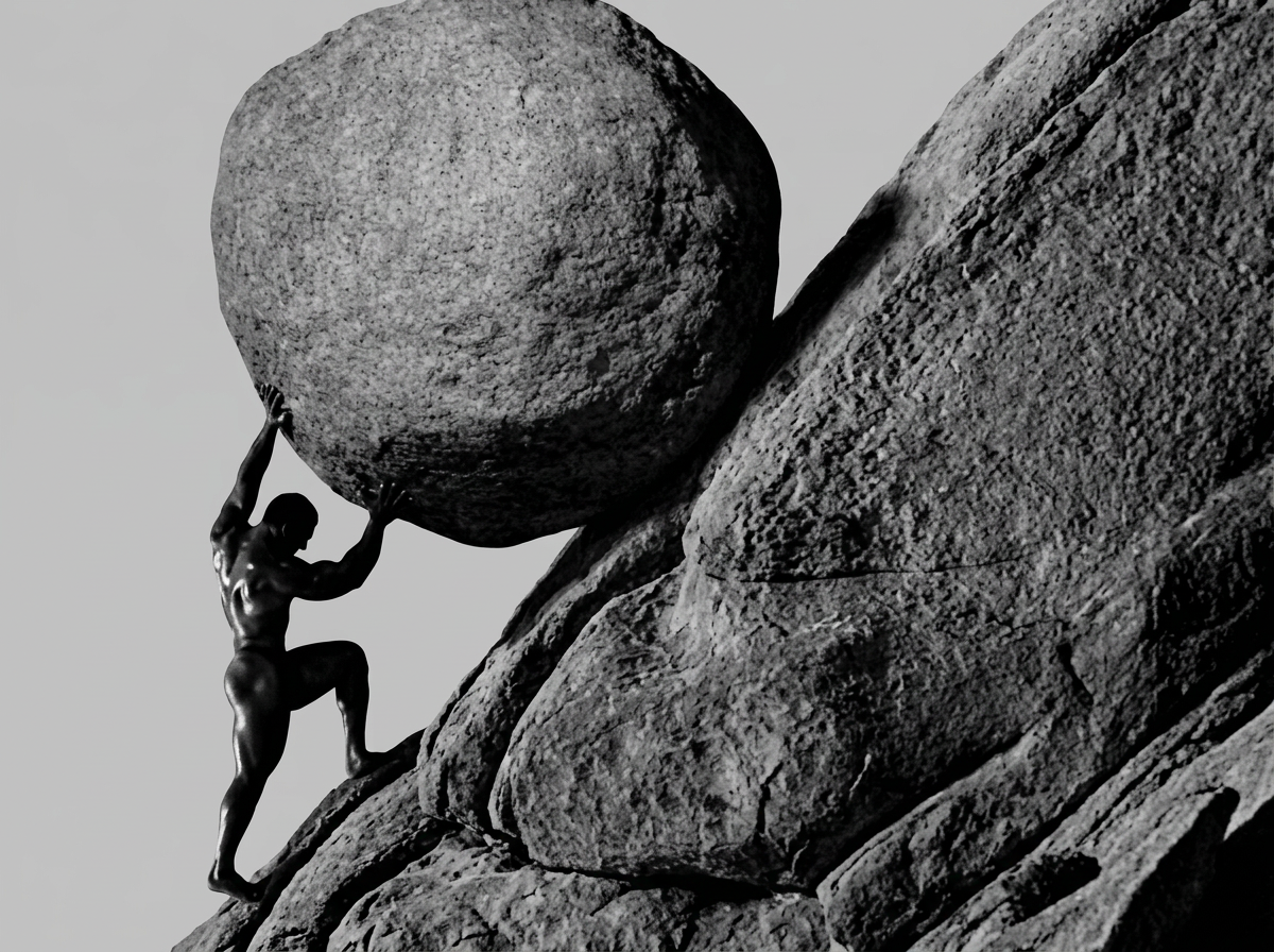 A figure pushing a boulder uphill — a quiet symbol of persistence.